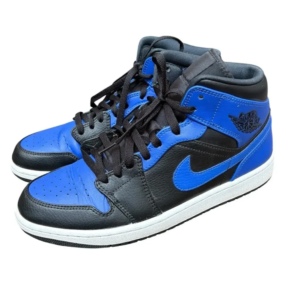 Nike Air Jordan 1 Mid Black Royal Tumbled Leather Mens 10 Shoes 554724-077 Box